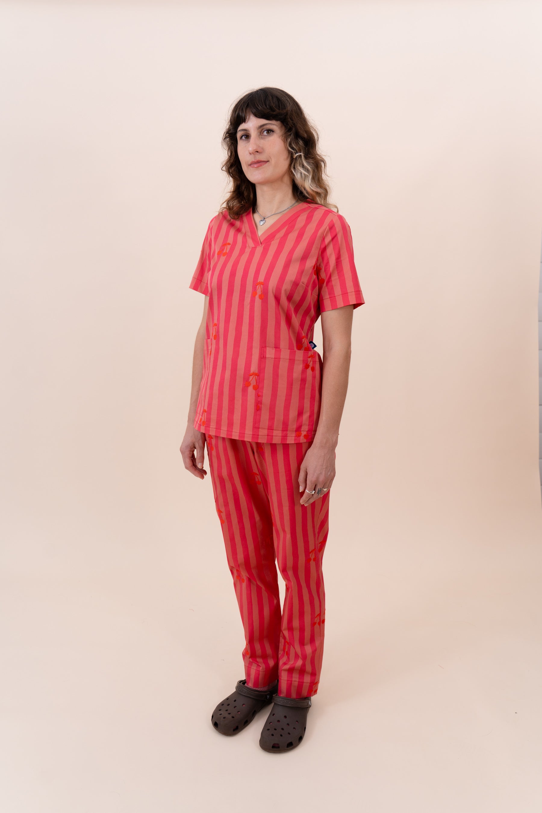 Cherry Stripe - Women's Printed Scrub Top