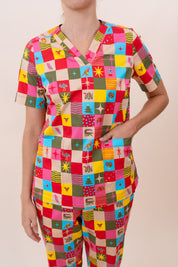 Christmas Checkers - Women's Printed Scrub Top