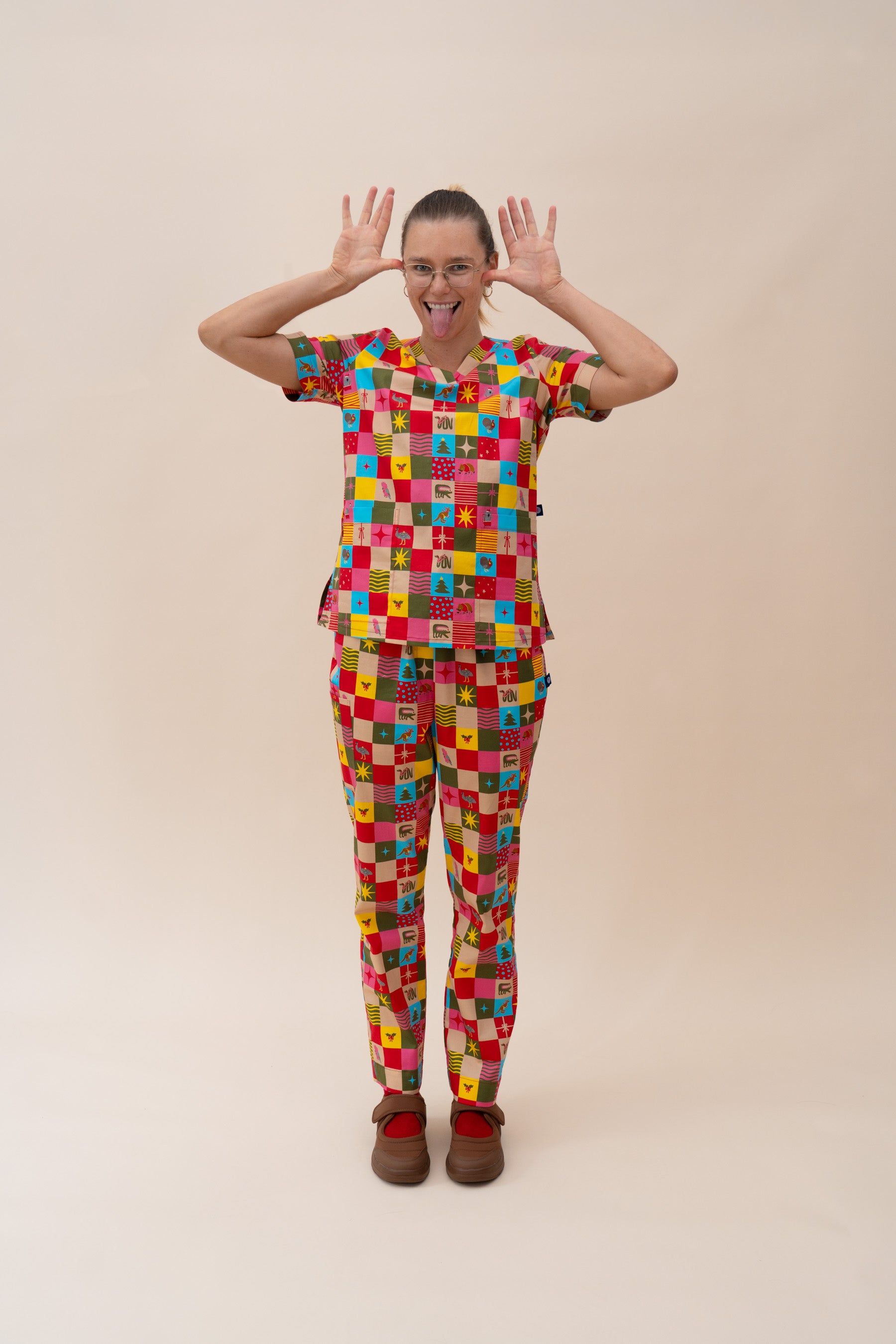 Christmas Checkers - Women's Printed Scrub Top