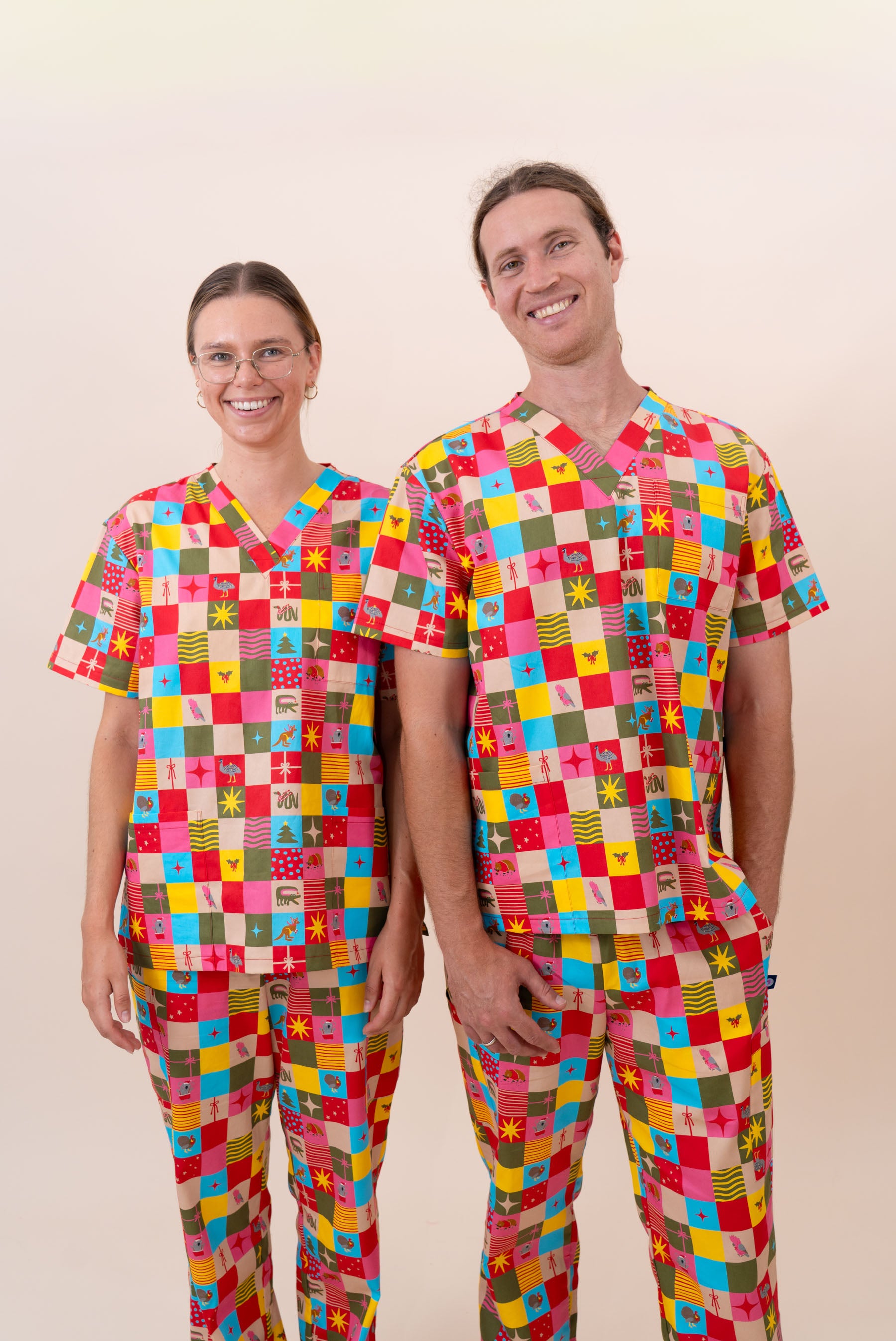 Christmas Checkers - Unisex Printed Scrub Top