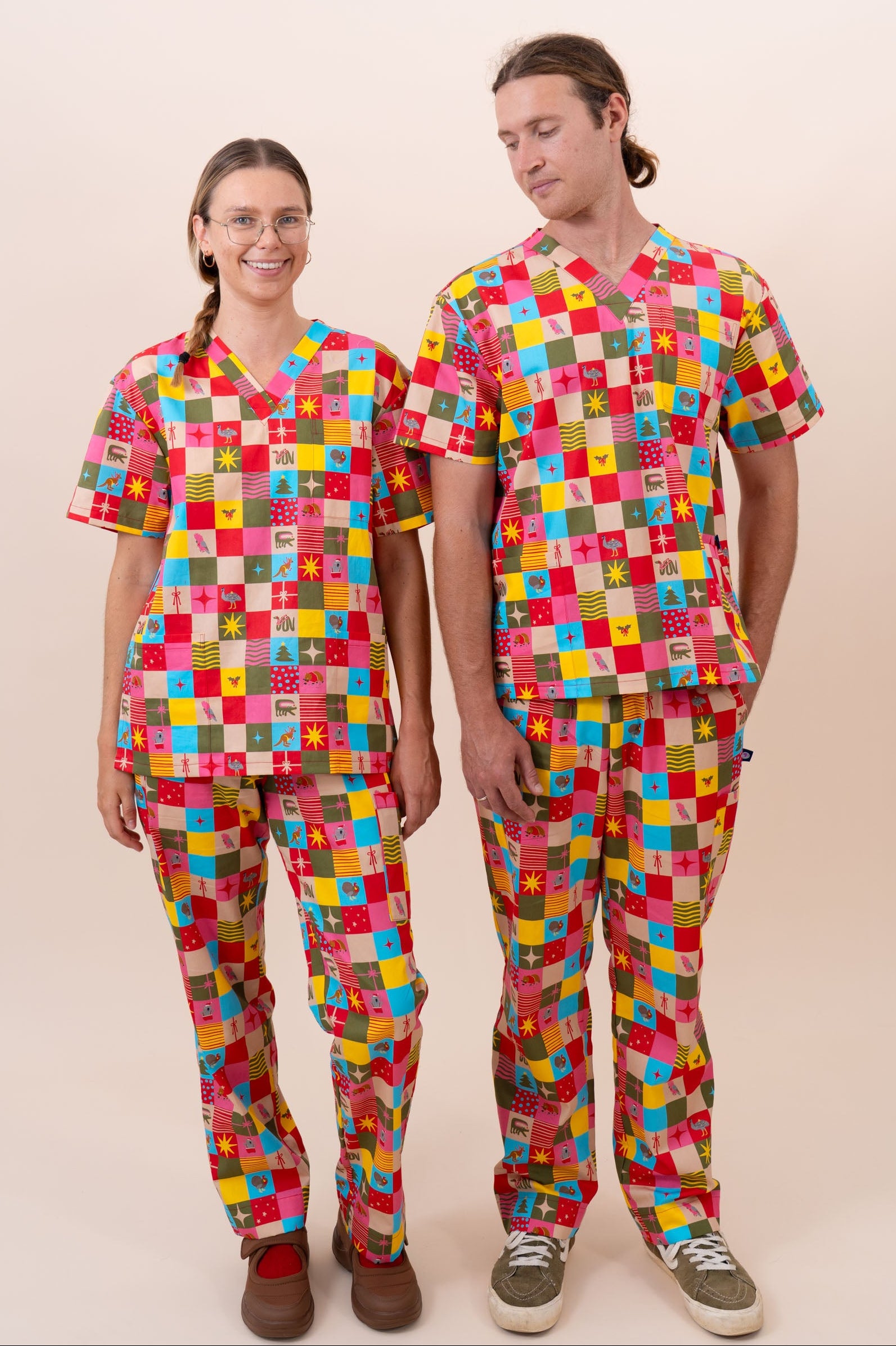 Christmas Checkers - Unisex Printed Scrub Top
