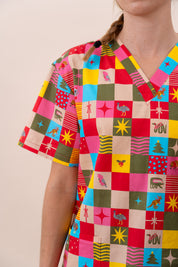 Christmas Checkers - Unisex Printed Scrub Top