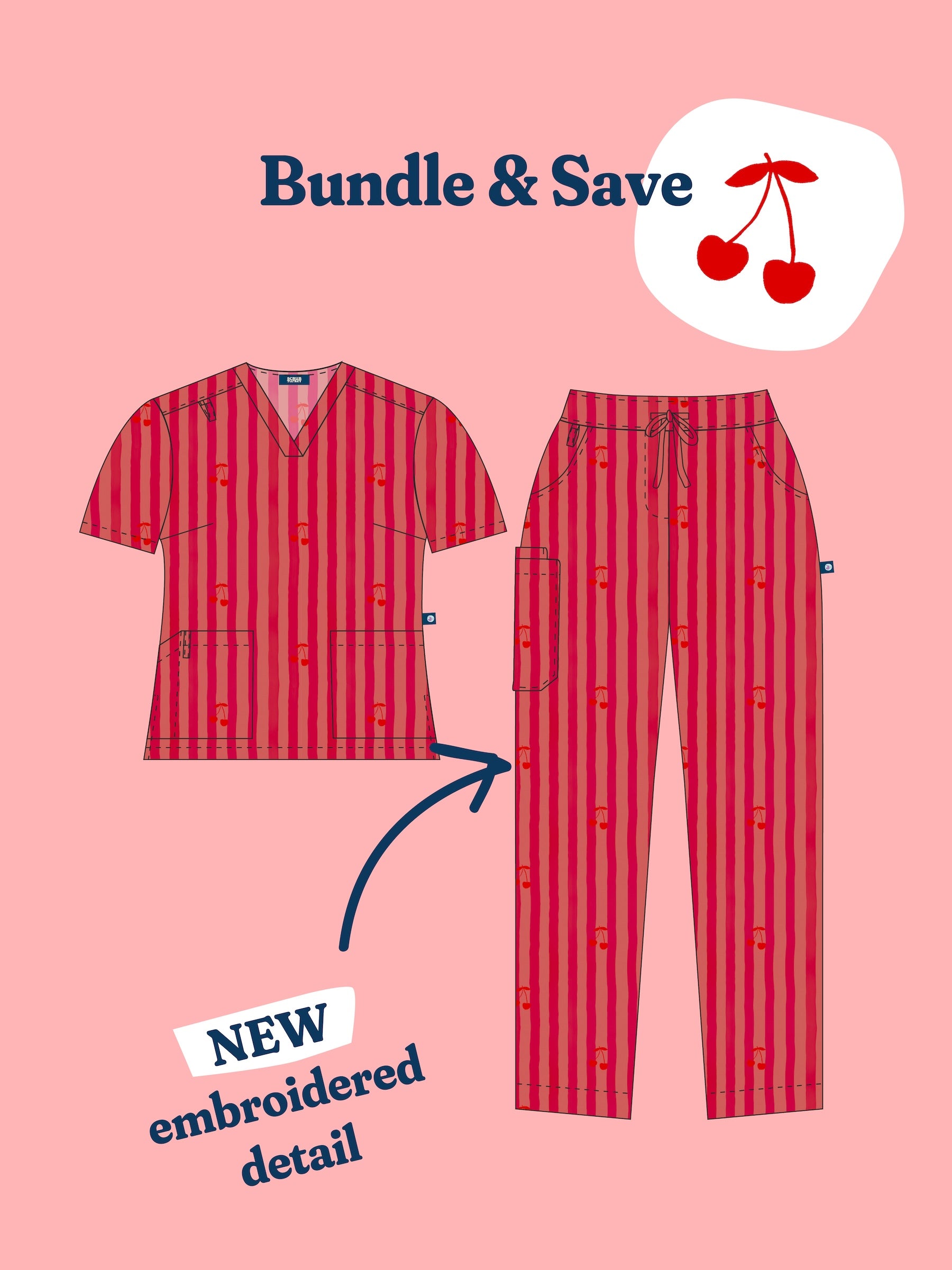 Cherry Stripe - Women's Printed Scrub Pants