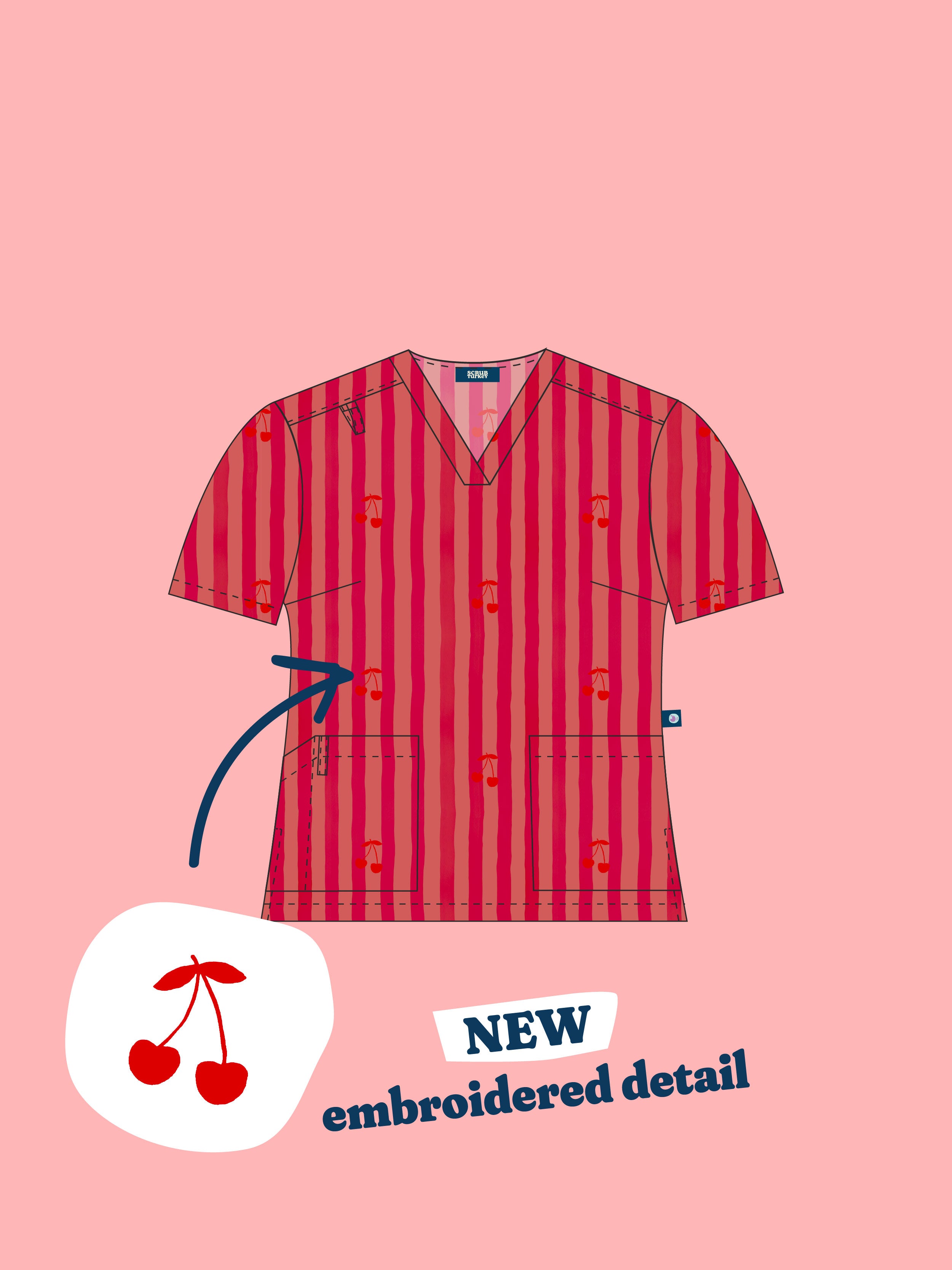 Cherry Stripe - Women's Printed Scrub Top