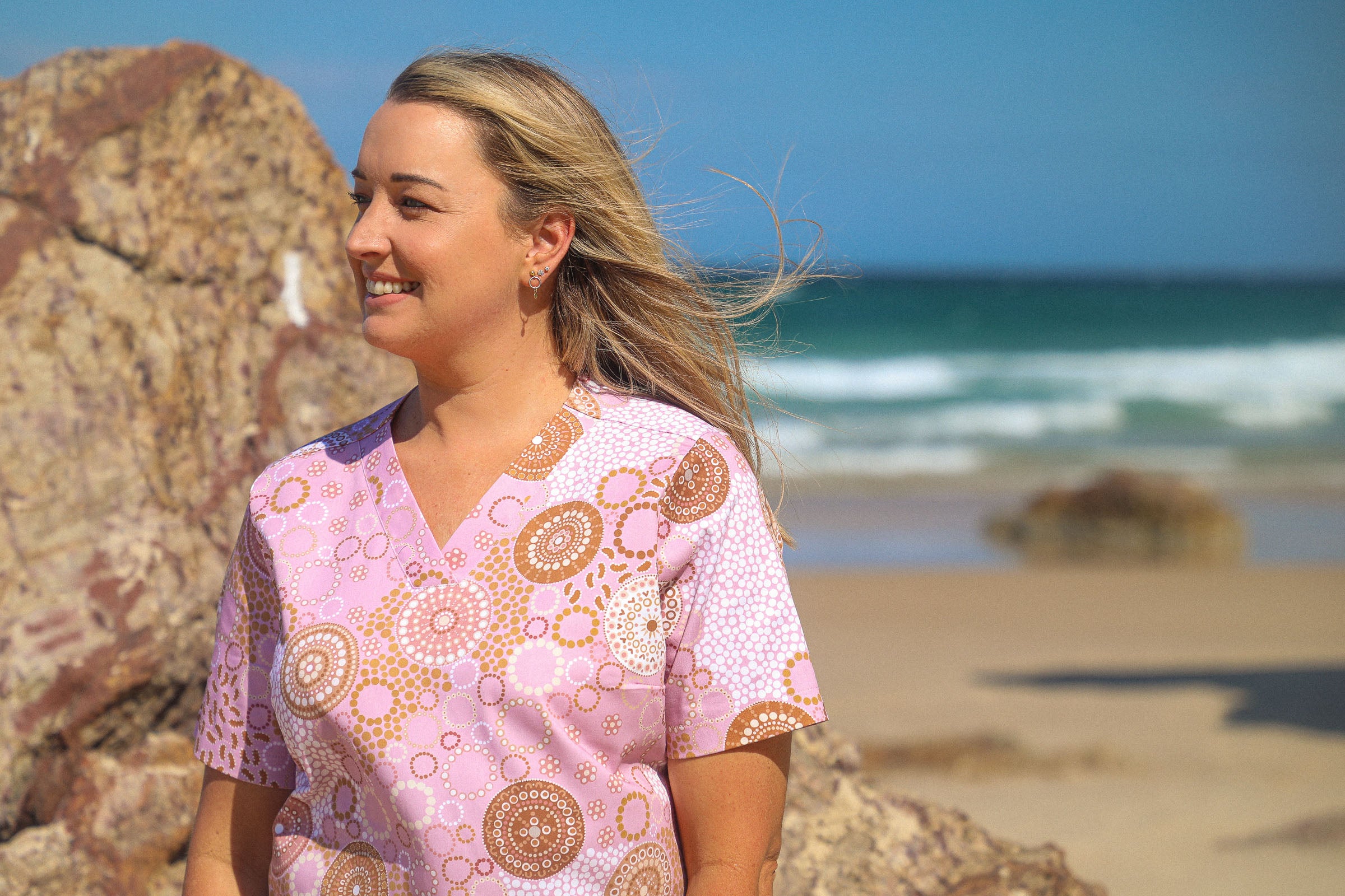 Seaside Healing Blush - Women's Printed Scrub Top